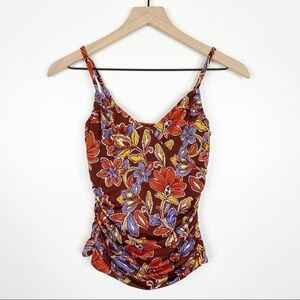 Garnet Hill Brown & Orange Floral Print Ruched Side Underwire Tankini Swim Top